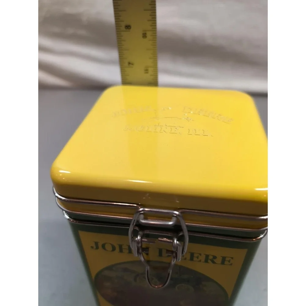 John Deere Metal Tin Box Collectible Storage Latch Lid Green Yellow 7.5 inch